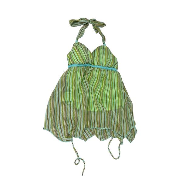 Jordache Green Stripe Babydoll Style Halter Top Handkerchief Hem Fairy Small - Picture 1 of 9